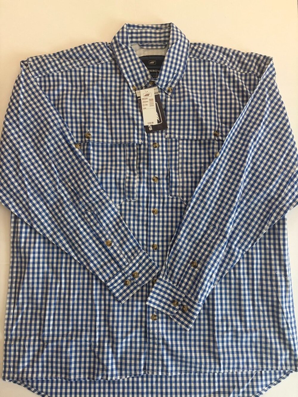Turnrows Mens Large Farming Fishing Button Down Shirt Royal White Gingham - NWT